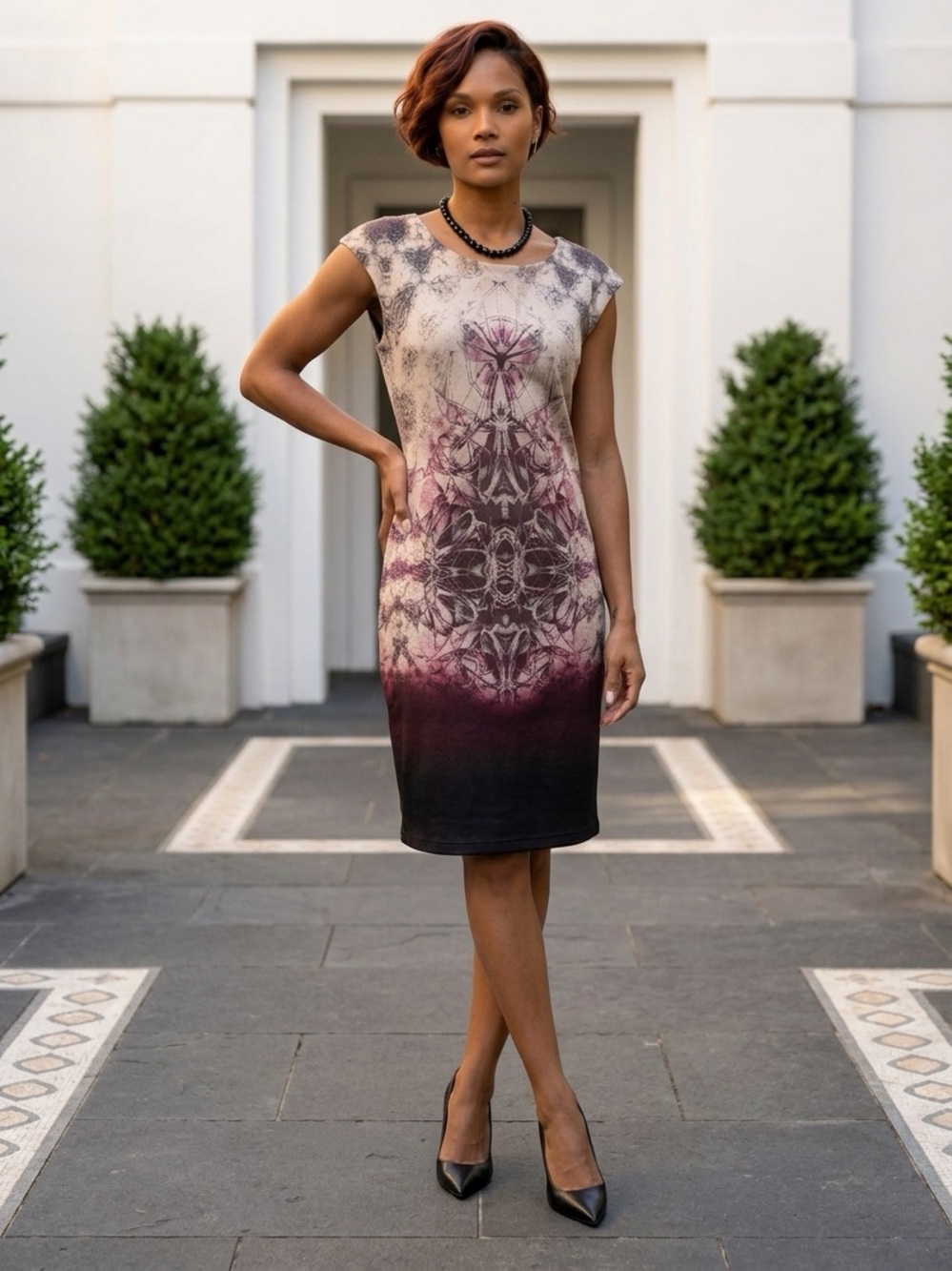 Dex Ombre Sheath Dress in Burgundy and Black with Taupe Print